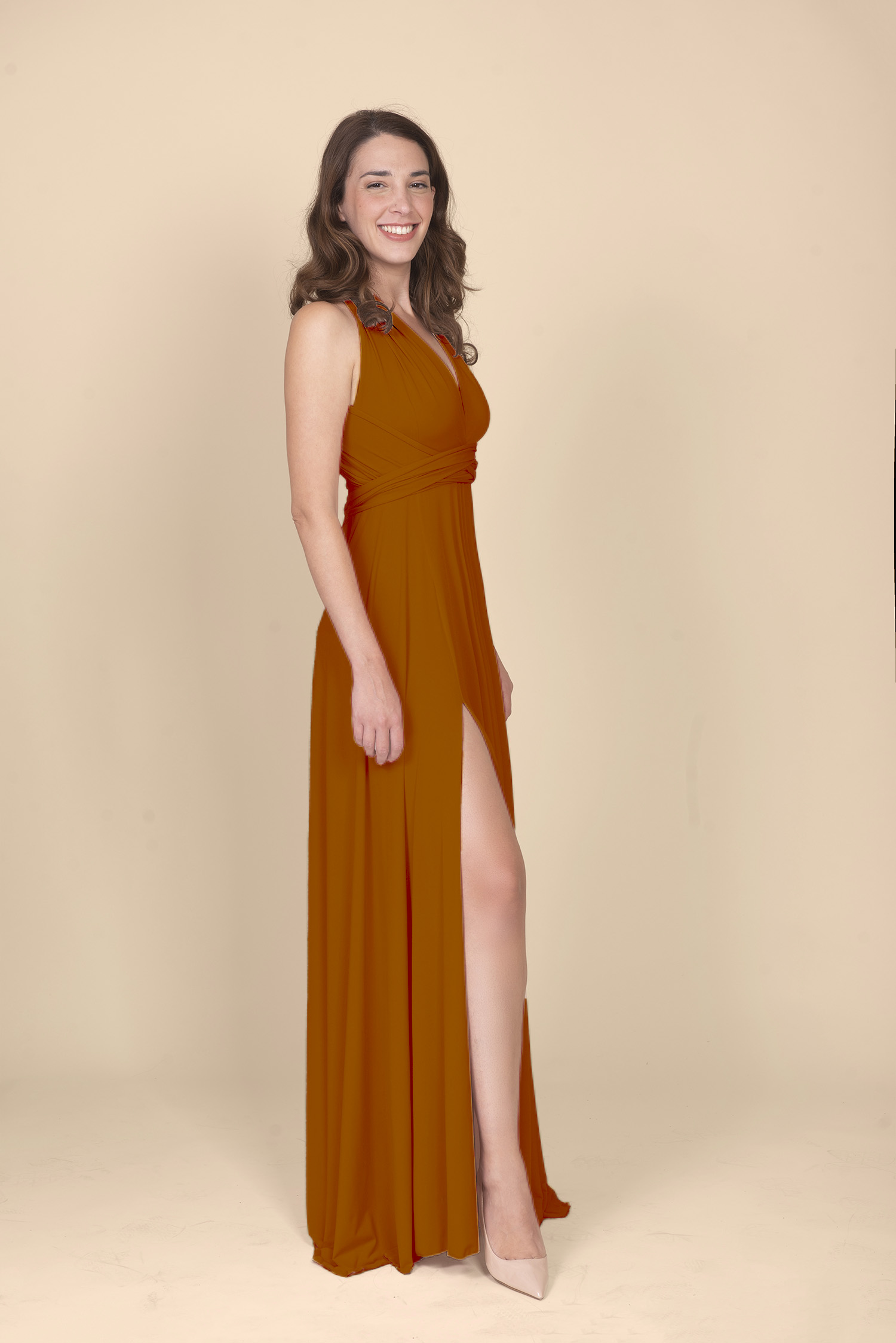 ATENAS LONG CLASSIC SLIT DRESS CURVY IN TERRACOTA